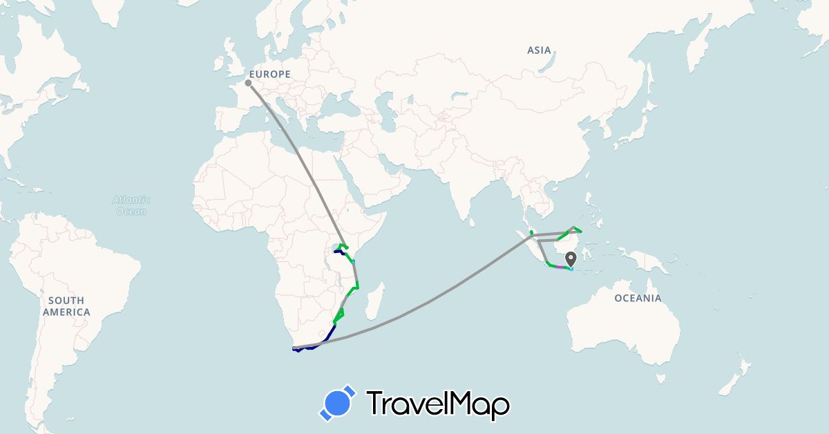 TravelMap itinerary: driving, bus, plane, train, boat, motorbike in France, Indonesia, Kenya, Malaysia, Mozambique, Singapore, Tanzania, South Africa (Africa, Asia, Europe)